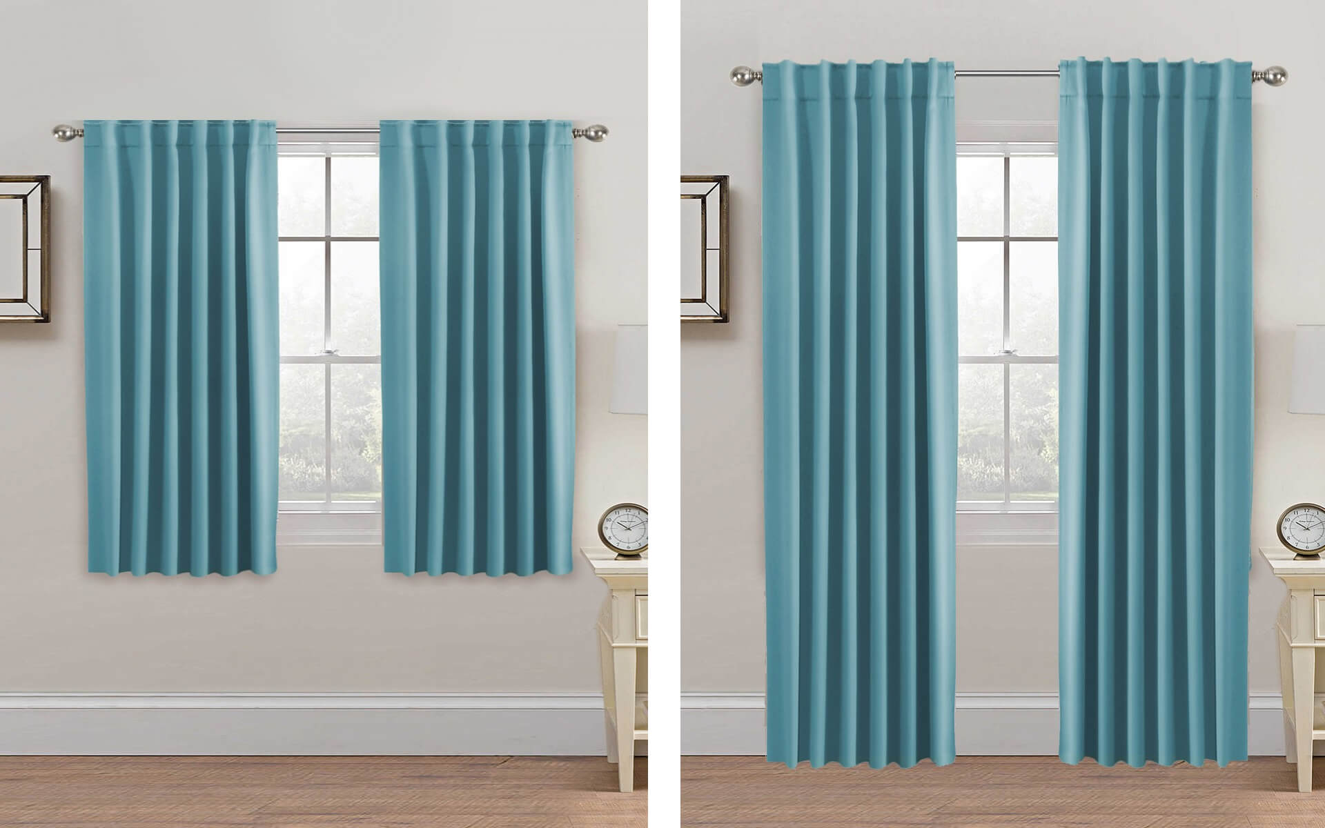 Long curtains beside windows elongate sense of vertical space compared with short curtains beside same windows