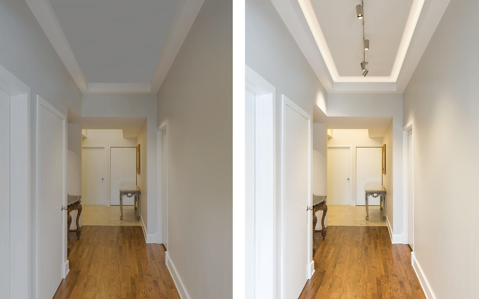 Track lights in ceiling act as visual focus to increase visual space compared to no track lights