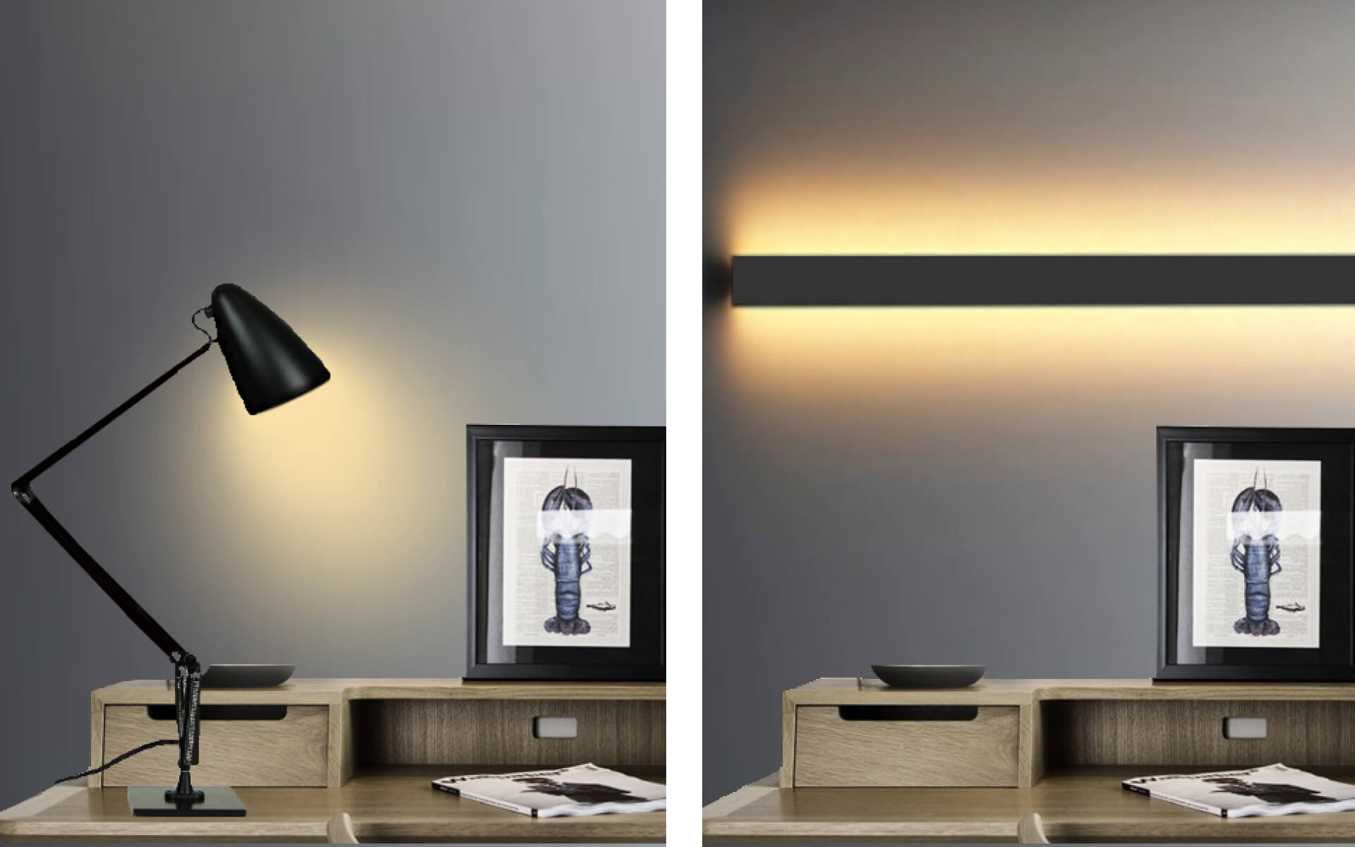 Wall-mounted light increases space in room compared to table lamp that takes up space on desk