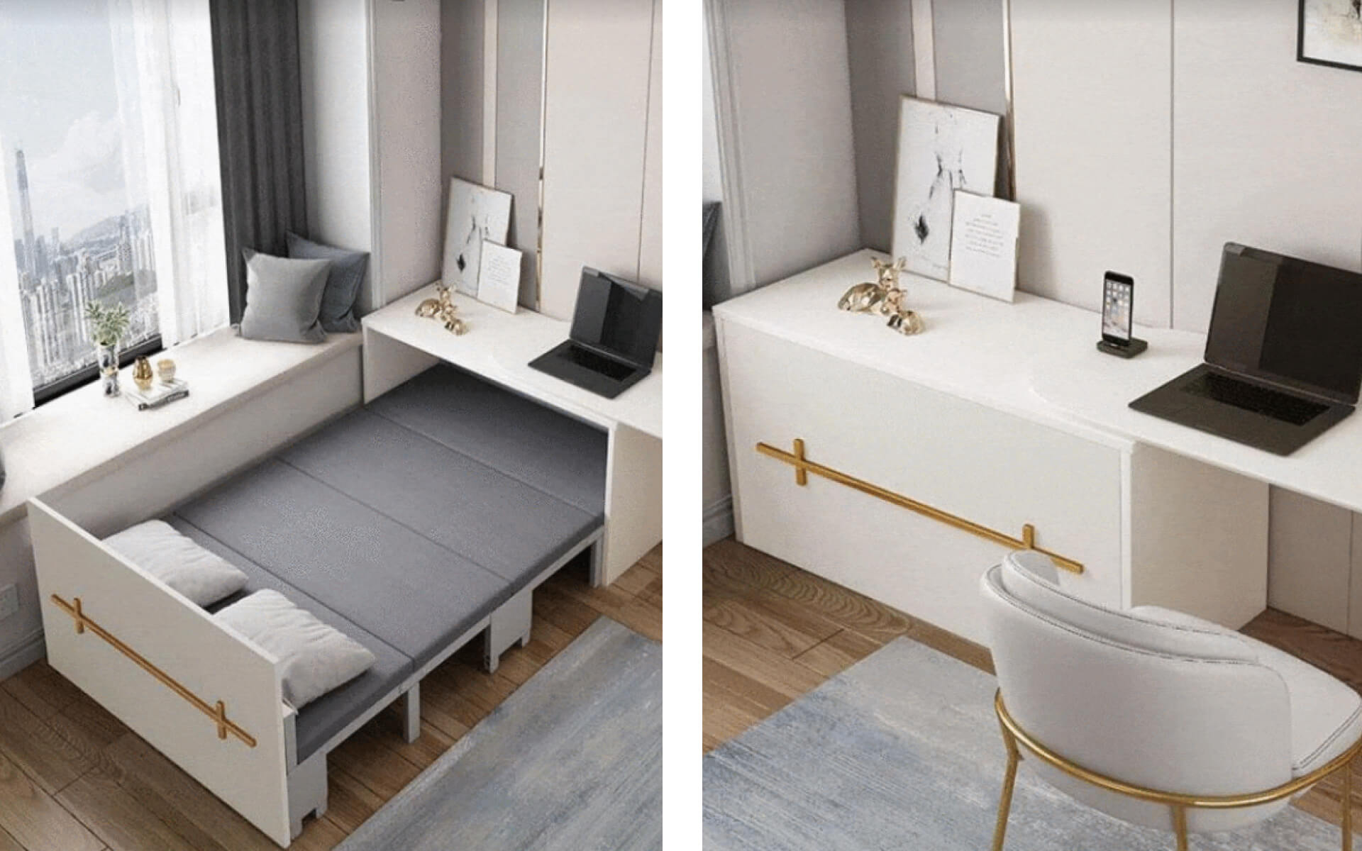 Pull-out foldable bed from drawer conceals bed when not in use to maximize space in bedroom