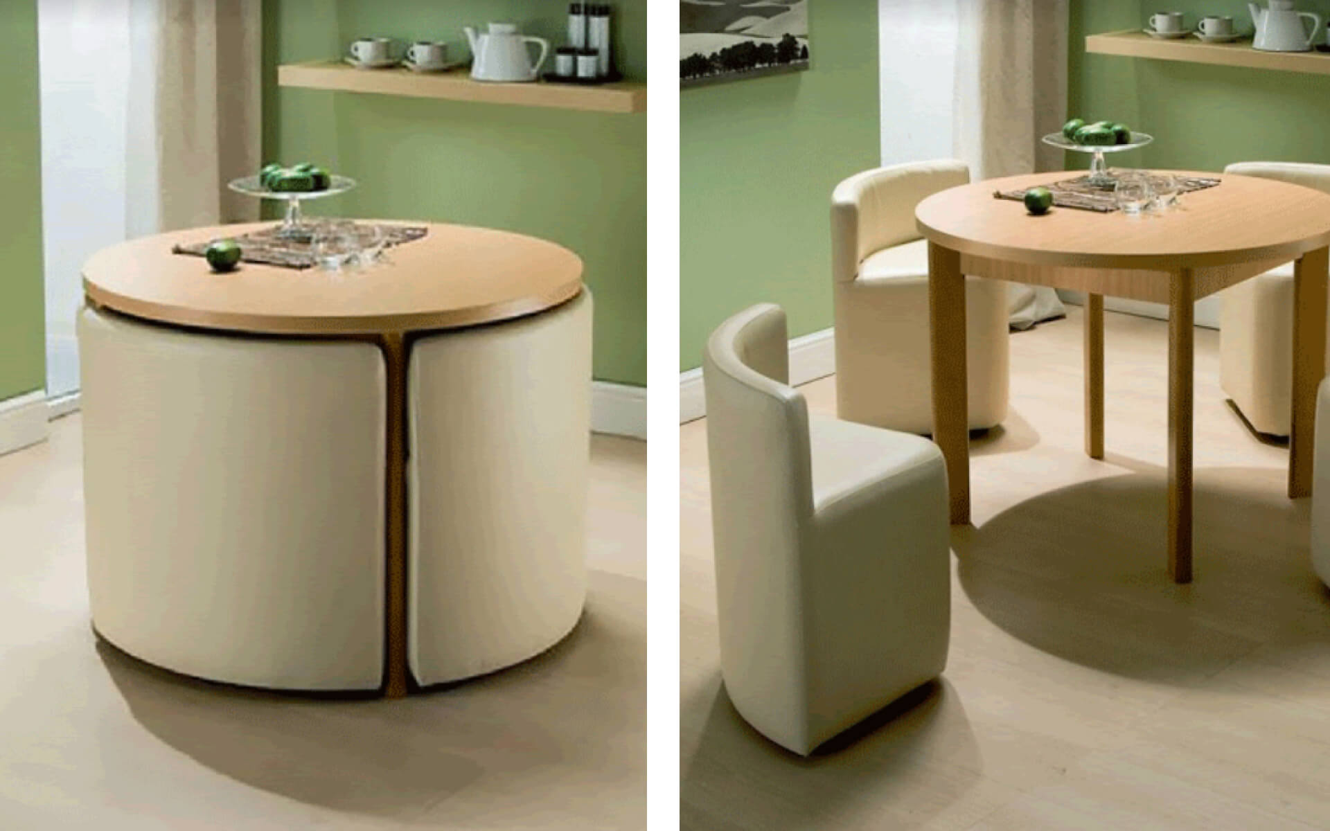Round dining table with perfectly slotted-in chairs save space in dining room when not in use