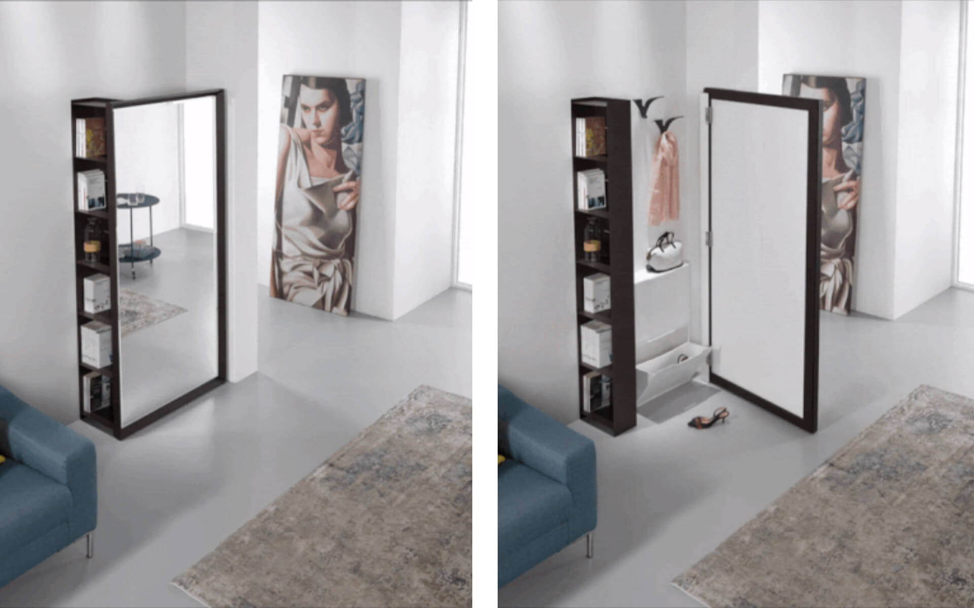 Mirror door hides additional storage space to maximize space use in an awkward corner of the living room